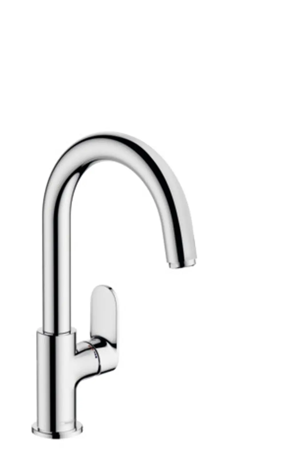 Einhebel-Waschtischmischer in Chrom von Hansgrohe mit schwenkbarem Auslauf und integrierter Zugstangen-Ablaufgarnitur.